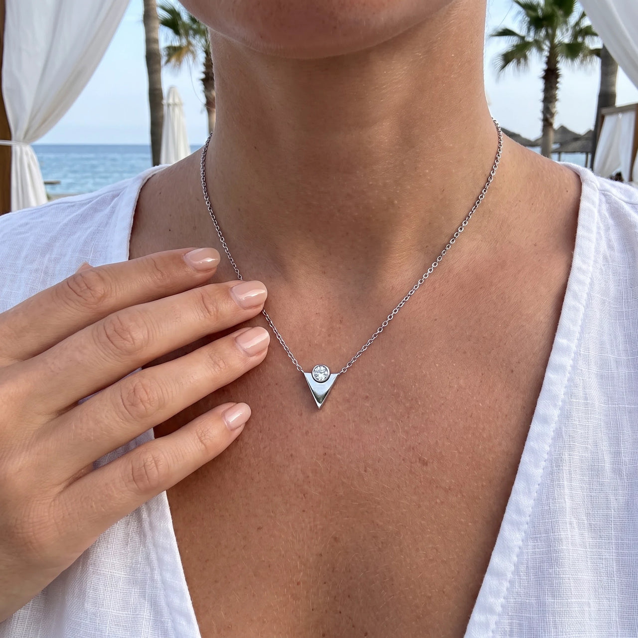 Minimalist necklace — worn, real size, silver | SKU: 18048714-rhodium-plated