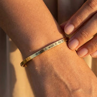 Thumbnail for Close-up of the gold engraved cuff bracelet worn on the skin | SKU: 4214557-gold-color
