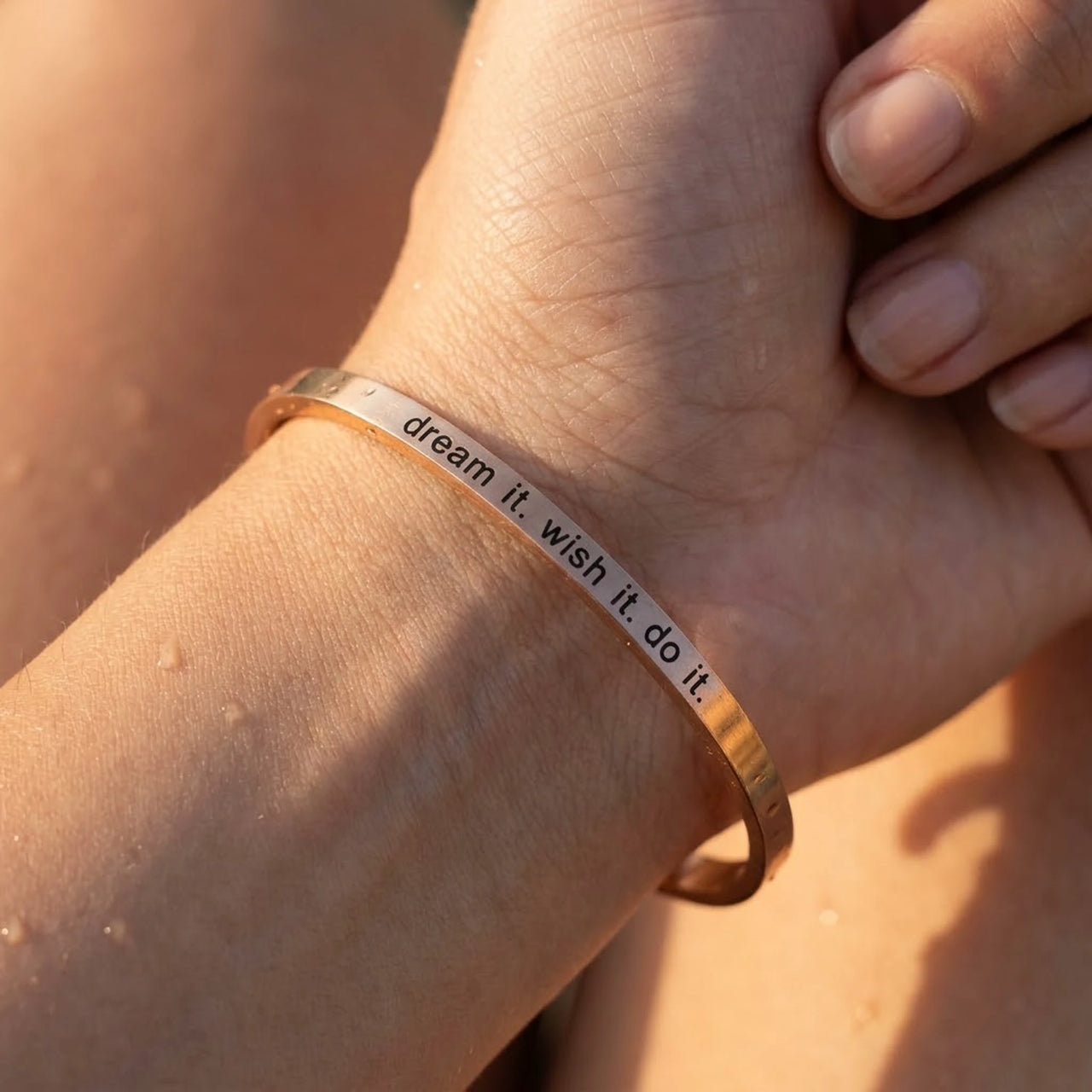 Close-up of the rose gold engraved cuff bracelet worn on the skin | SKU: 4214557-imitation-rhodium-plated