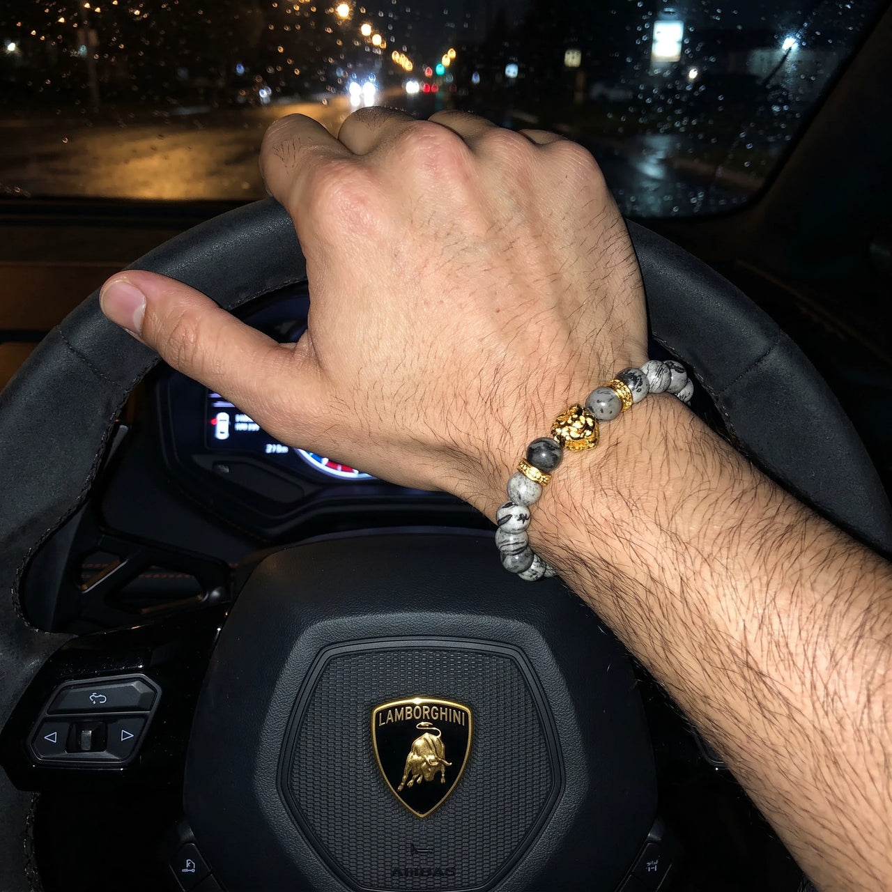 Gold Lion & Grey Stones Bracelet – worn at the steering wheel of a luxury car | Brother & Sisters | SKU: 20866222-gold-XS-14-15, 20866222-gold-S-16-17, 20866222-gold-M-18-19, 20866222-gold-L-20-21, 20866222-gold-XL-22-23