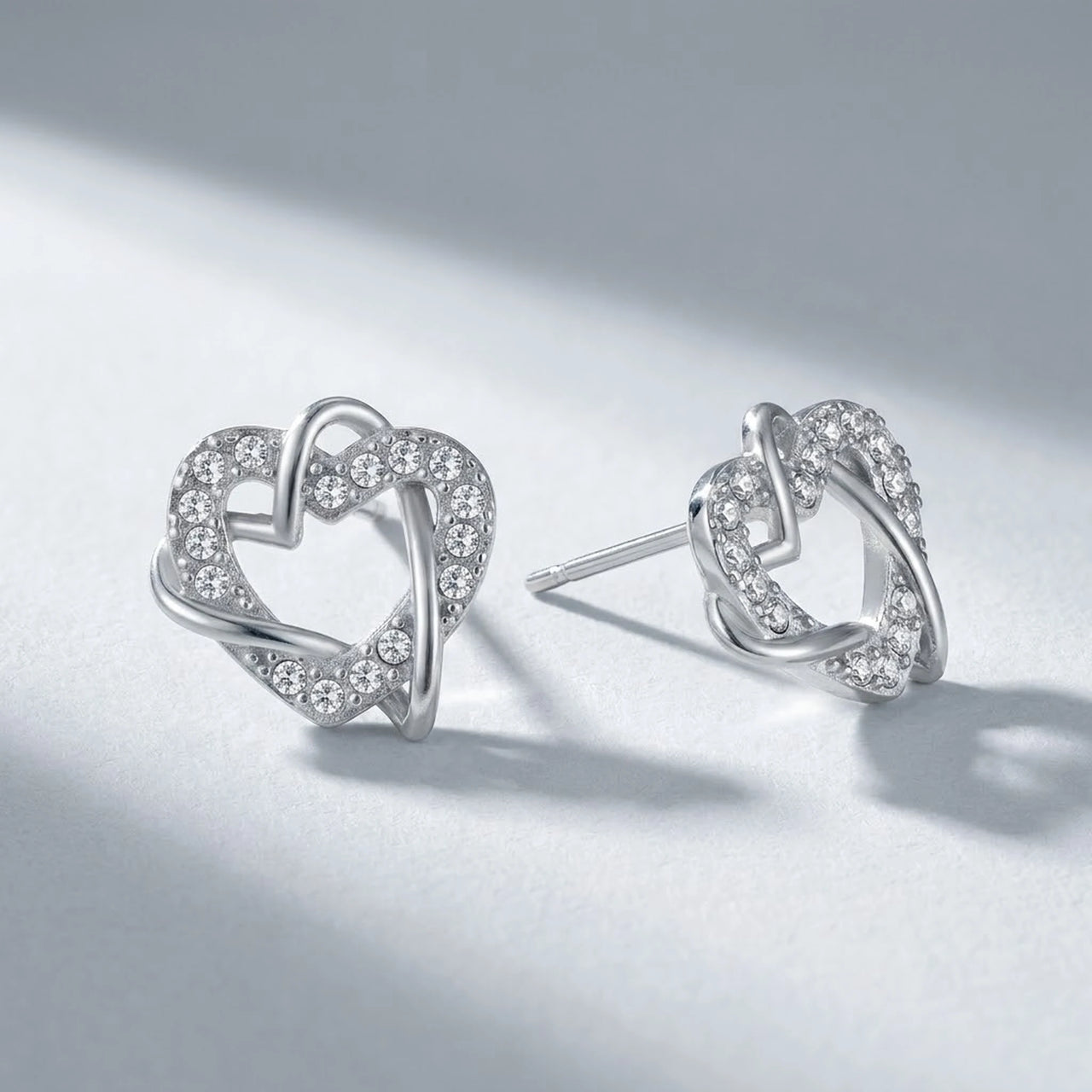 Hearts with Austrian Crystals Earrings, silver stud earrings | SKU: 4478648-platinum-plated-clear
