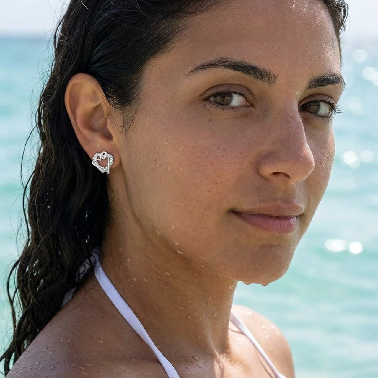 Silver stud earrings worn in the sea, waterproof stainless steel with water drops | SKU: 4478648-platinum-plated-clear