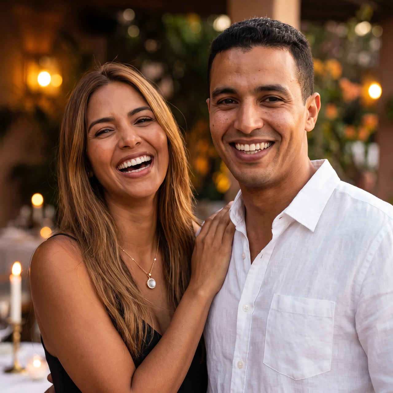 Moonstone necklace — worn by a couple, gold | SKU: lelunaire