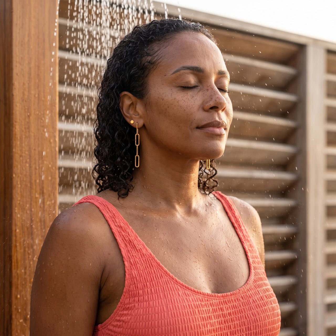 The Pendantes, gold earrings — outdoor shower | SKU: lespendantes