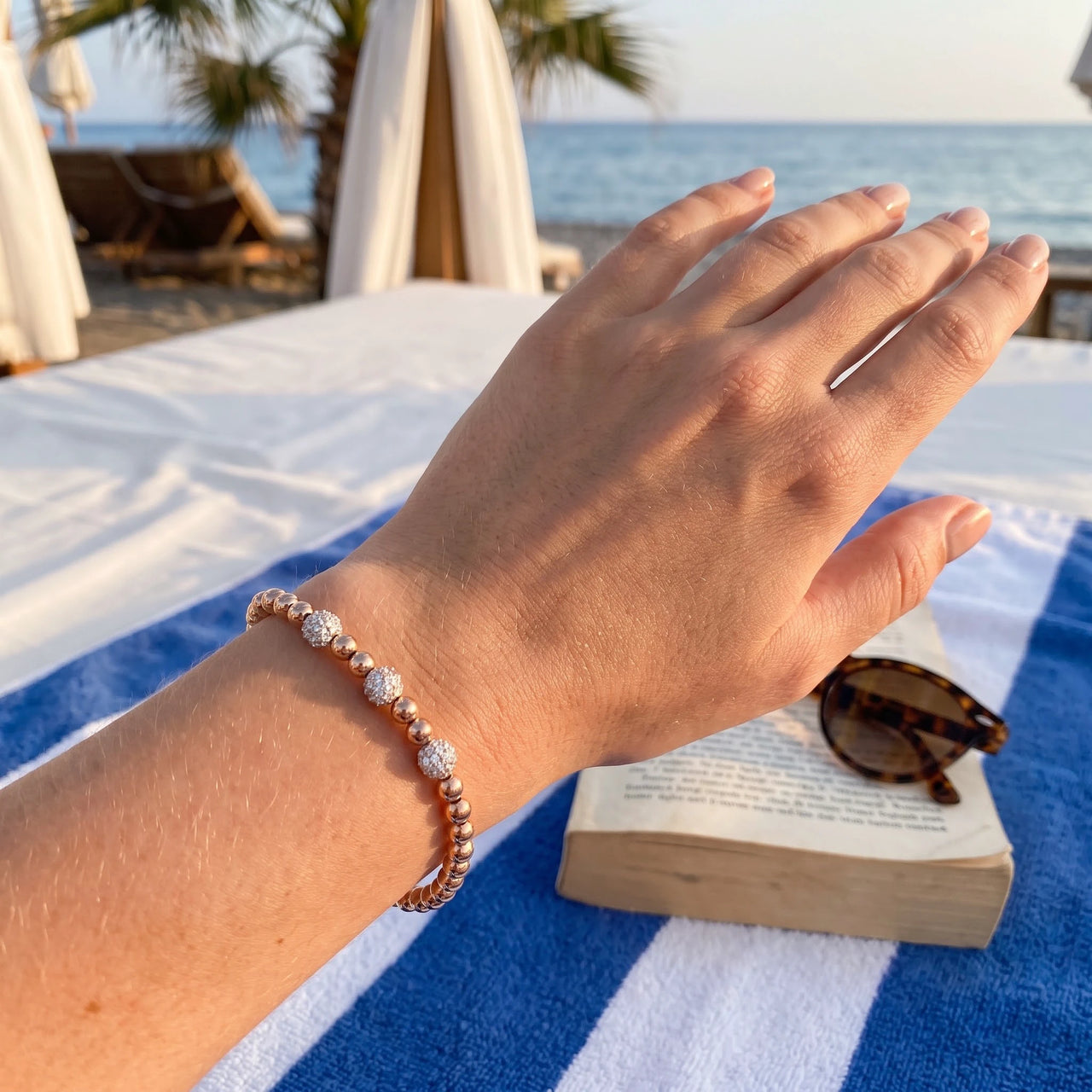 Stainless steel beaded bracelet — worn, real size, rose gold | SKU: 25535342-rose-gold