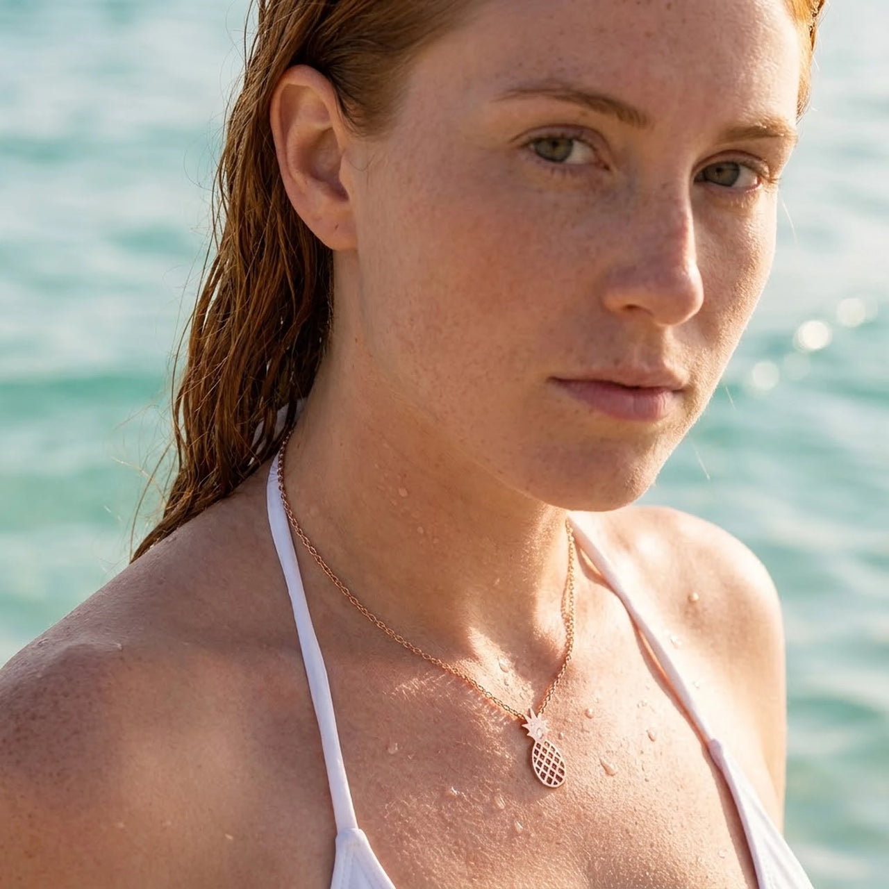 Rose gold necklace worn in the sea, waterproof stainless steel with water drops | SKU: 8050907-rose-gold