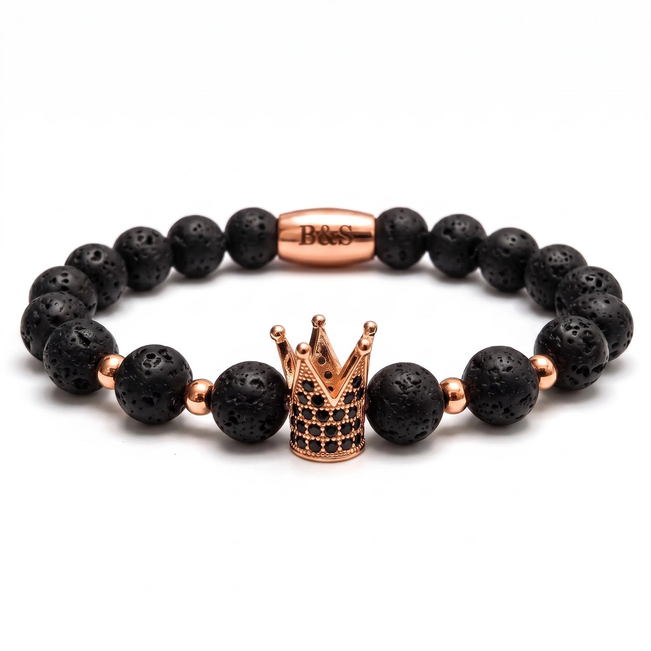 Rose Gold Crown with Lava Stones – studio packshot | Brother & Sisters | SKU: 22068514-rose-gold-XS-14-15, 22068514-rose-gold-S-16-17, 22068514-rose-gold-M-18-19, 22068514-rose-gold-L-20-21, 22068514-rose-gold-XL-22-23