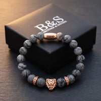 Thumbnail for Rose Gold Lion & Grey Stones Bracelet – in the Brother & Sisters gift box | Brother & Sisters | SKU: 20866222-rose-gold-XS-14-15, 20866222-rose-gold-S-16-17, 20866222-rose-gold-M-18-19, 20866222-rose-gold-L-20-21, 20866222-rose-gold-XL-22-23