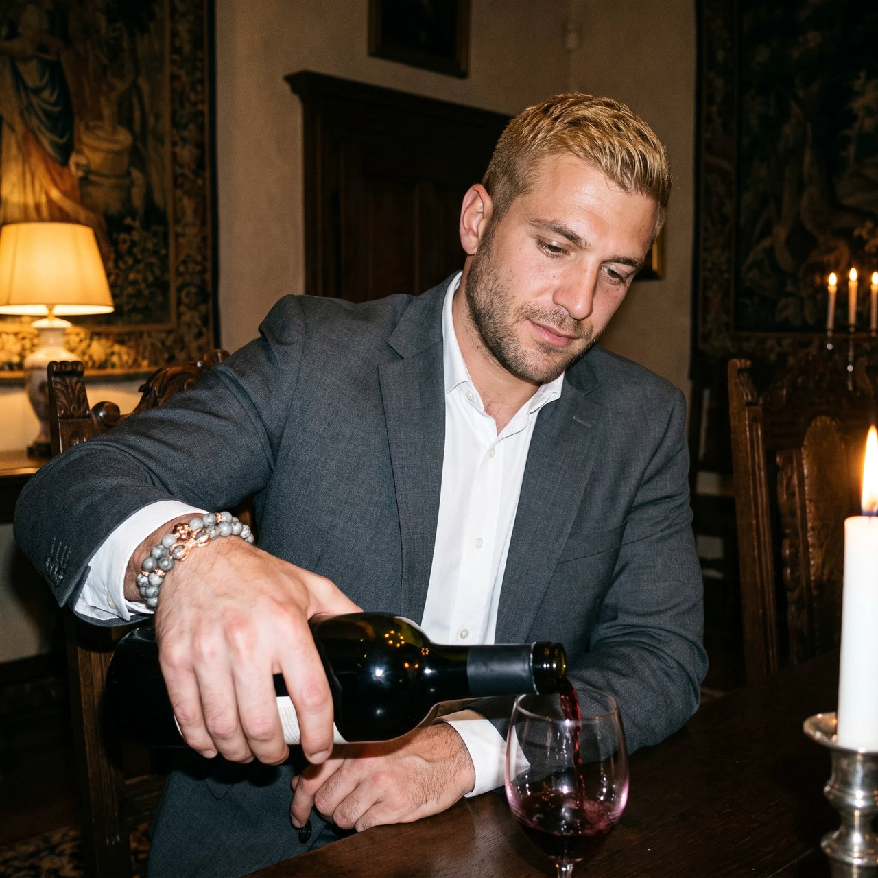 Rose Gold Lion & Grey Stones Set – worn while pouring red wine | Brother & Sisters | SKU: 21039839SET-rose-gold-XS-14-15, 21039839SET-rose-gold-S-16-17, 21039839SET-rose-gold-M-18-19, 21039839SET-rose-gold-L-20-21, 21039839SET-rose-gold-XL-22-23