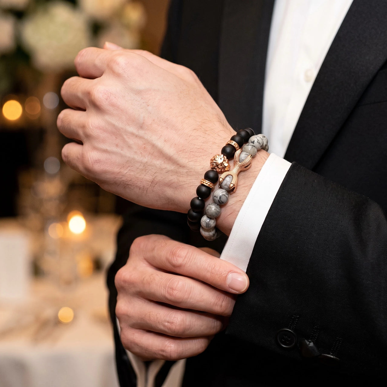 Rose Gold Lion with Black & Grey Stones Set – worn with a shirt cuff | Brother & Sisters | SKU: 21369621-rose-gold-XS-14-15, 21369621-rose-gold-S-16-17, 21369621-rose-gold-M-18-19, 21369621-rose-gold-L-20-21, 21369621-rose-gold-XL-22-23