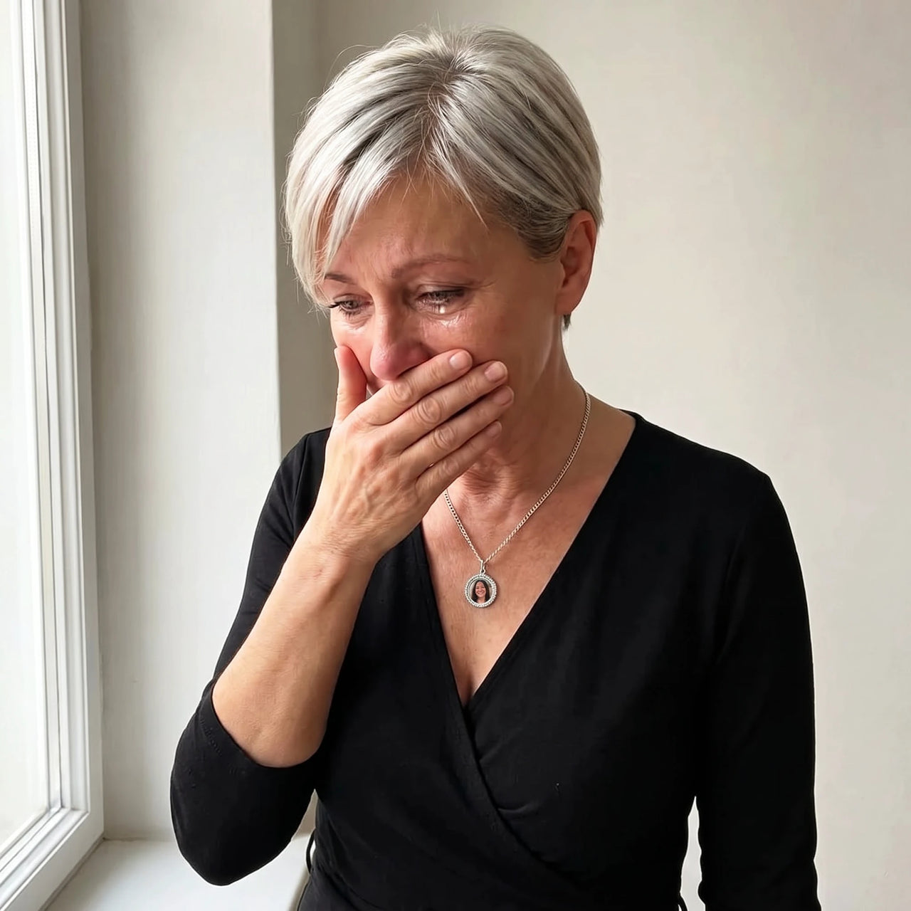 Woman moved as she wears her sister's photo in the silver round necklace | SKU: TPH-RNDN-SILVER