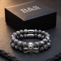 Thumbnail for White Gold Lion & Grey Stones Set – in the Brother & Sisters gift box | Brother & Sisters | SKU: 21039839SET-silver-XS-14-15, 21039839SET-silver-S-16-17, 21039839SET-silver-M-18-19, 21039839SET-silver-L-20-21, 21039839SET-silver-XL-22-23